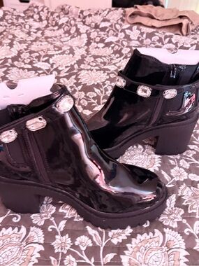 torrid Black Patent Chunky Heel Ankle Booties with Silver Embellishments